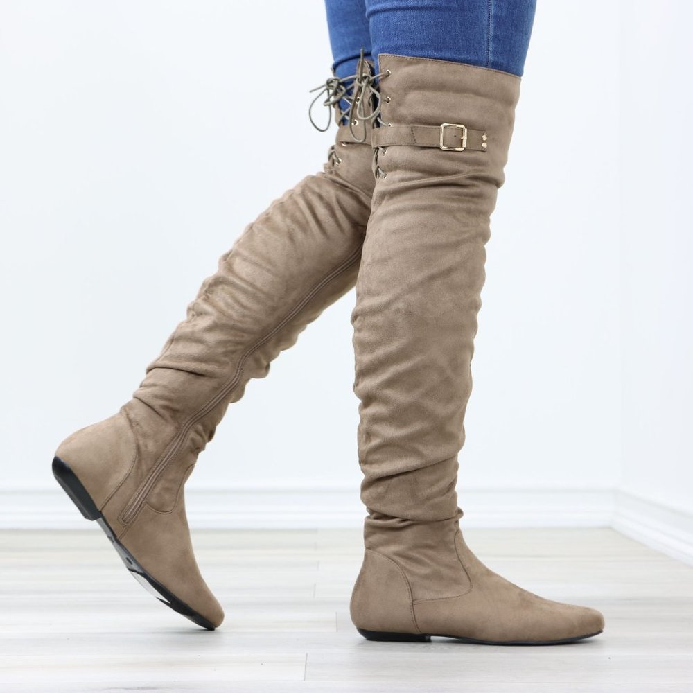 Taupe Thigh High Over The Knee Flat Boots Faux Suede Laced Back - Picture 15 of 15
